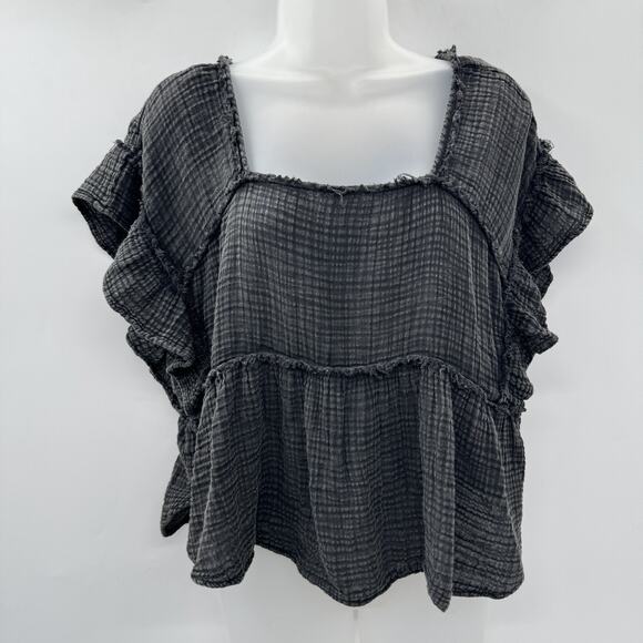 Anthropologie Daily Practice Gauzy Ruffled Top Sz S Gray Boho Cotton Cropped - Picture 1 of 10